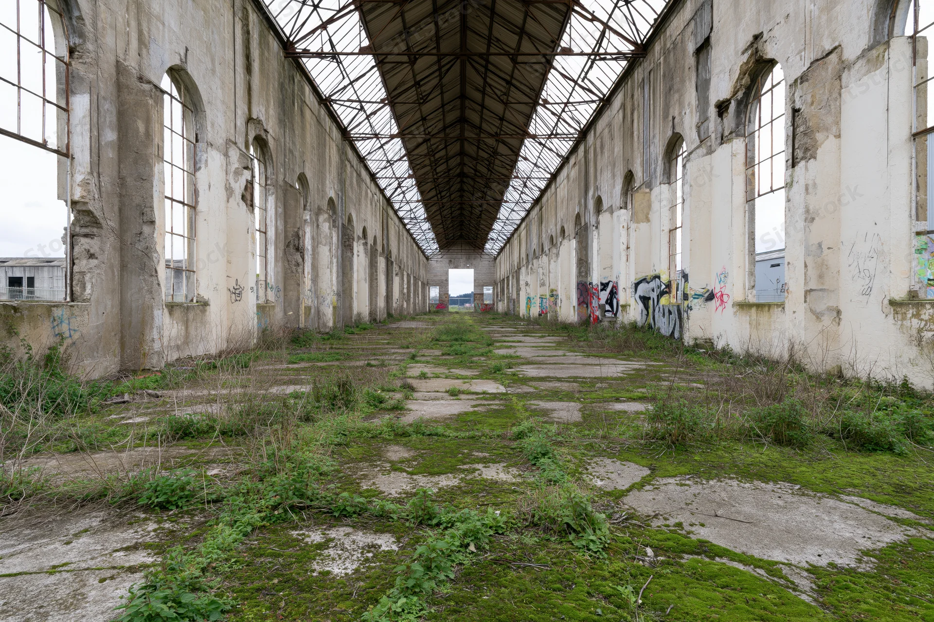 Long symmetrical interior of abandoned industrial factory hall with overgrown floor and graffiti-covered walls