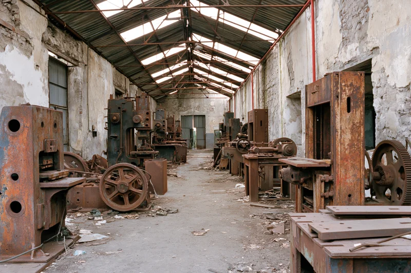 Rows of rusted industrial machinery inside an abandoned factory interior