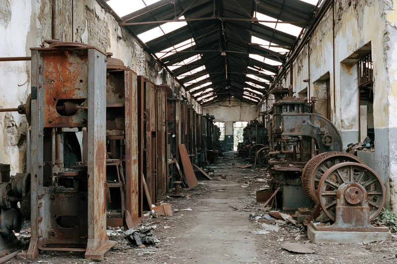Rows of rusted industrial machinery inside an abandoned factory interior