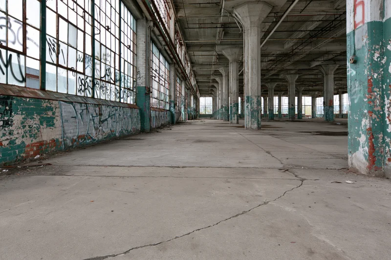 Empty industrial warehouse interior with cracked concrete floor and graffiti-covered walls and pillars
