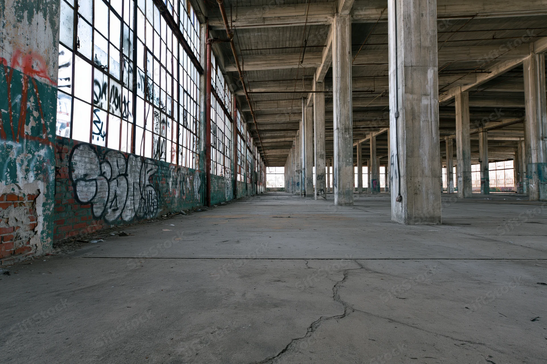Empty interior of abandoned industrial warehouse with concrete floor and graffiti-covered walls