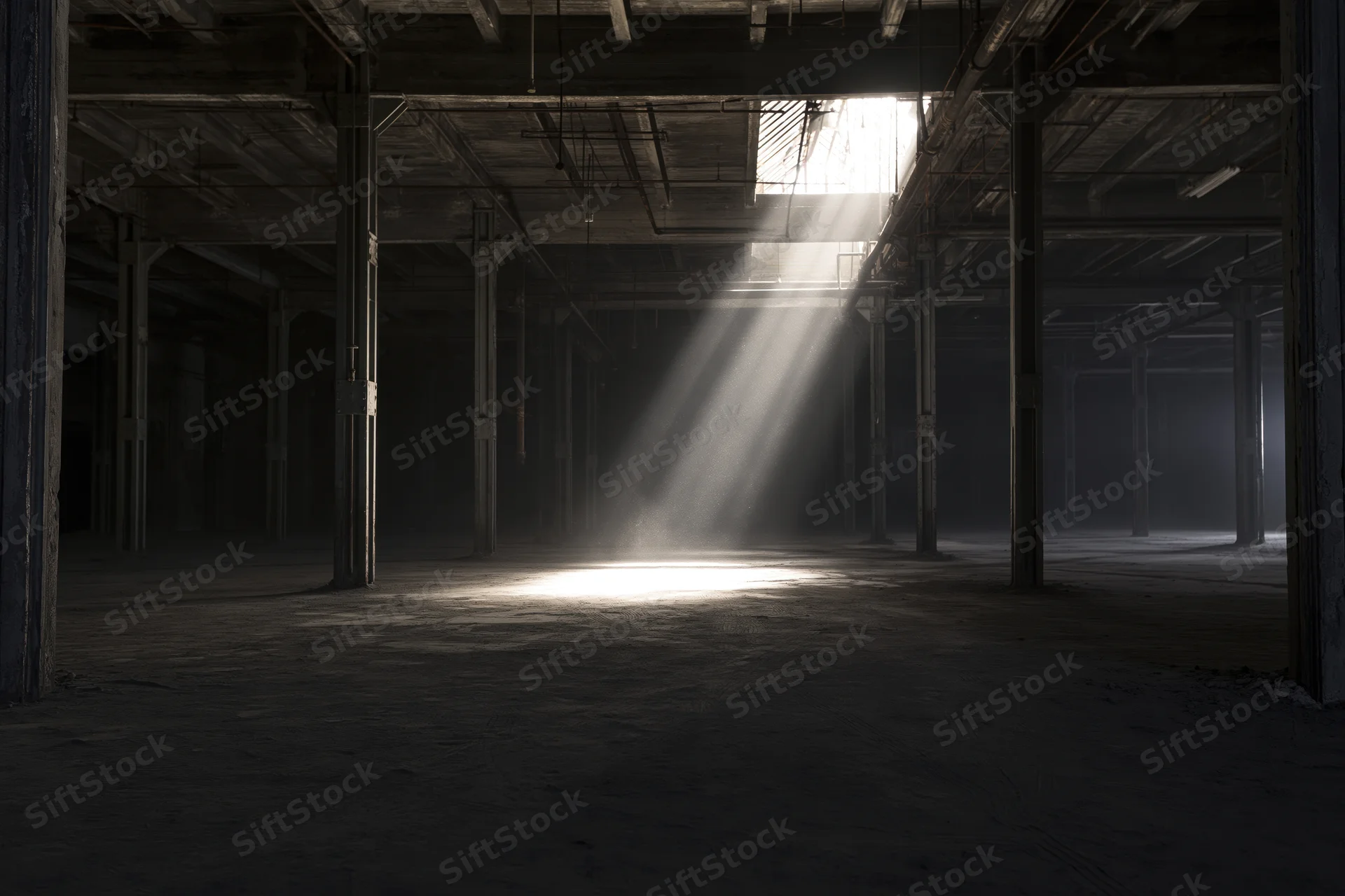 Sunbeams cutting through dust in an empty abandoned industrial warehouse interior