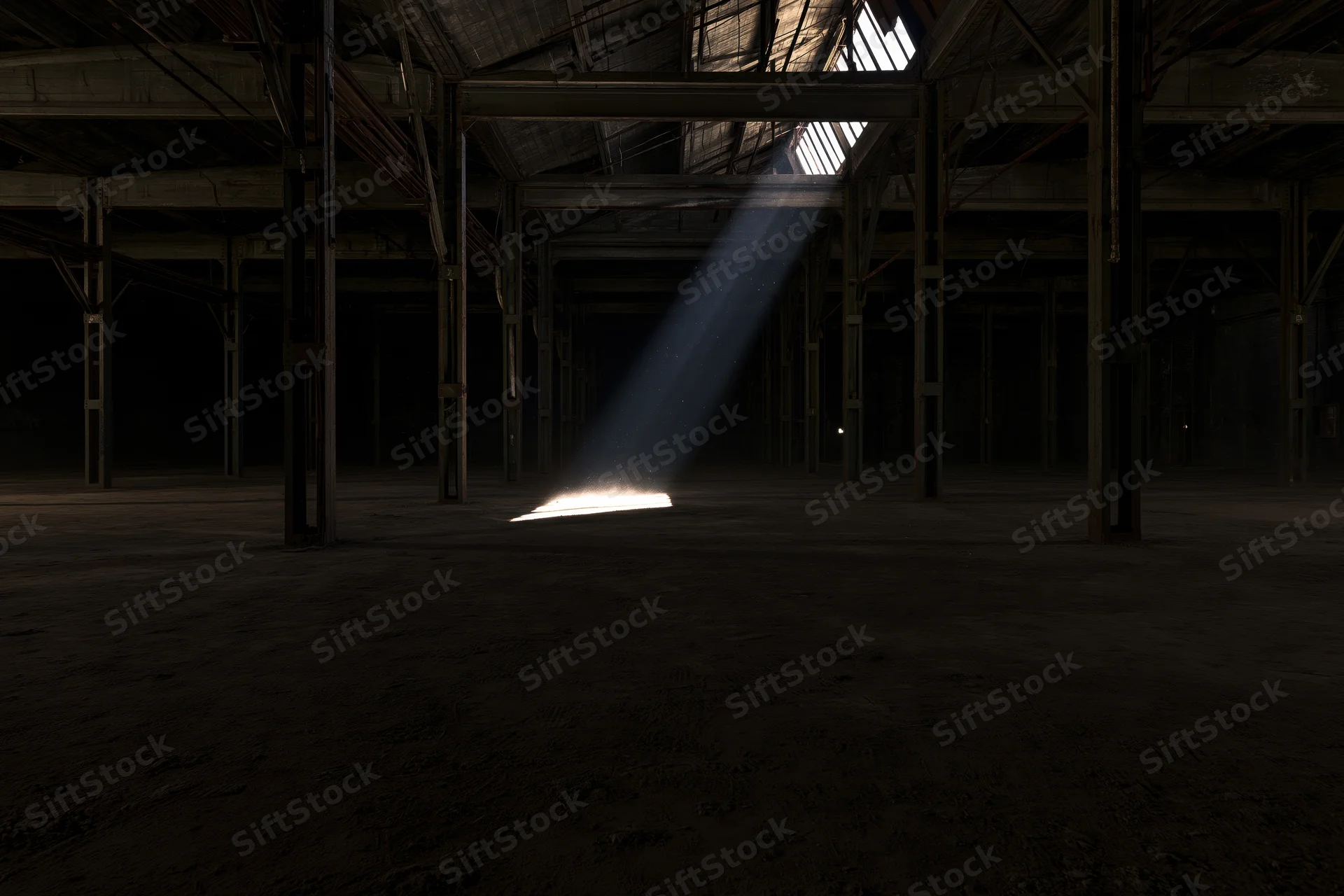 Abandoned industrial warehouse interior with sunlight streaming through skylight onto concrete floor