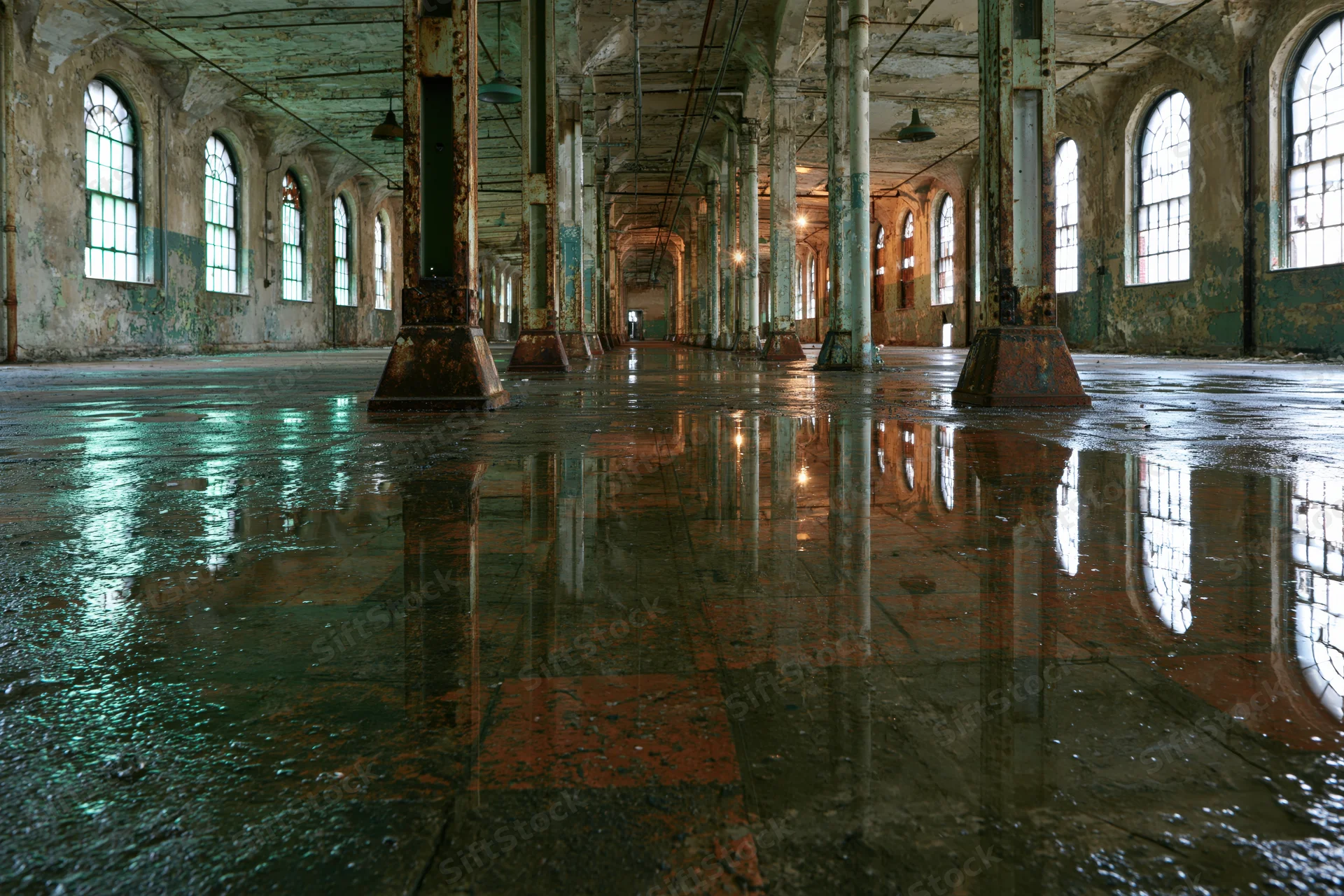 Vast empty warehouse interior with wet concrete floor reflecting arched windows and rusted pillars