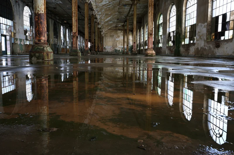 Flooded interior of abandoned industrial warehouse with water reflections on concrete floor and rusted pillars
