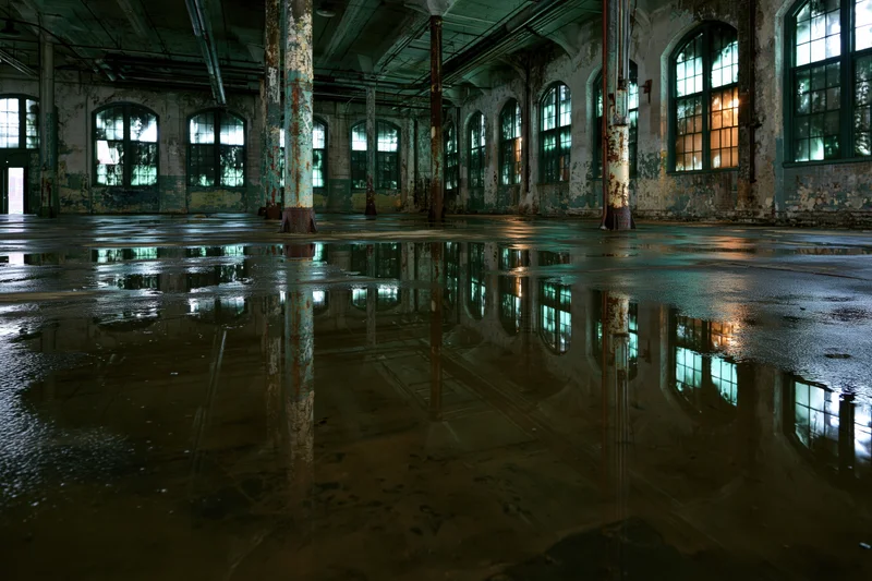 Abandoned industrial warehouse interior with wet concrete floor reflecting arched windows and rusted pillars