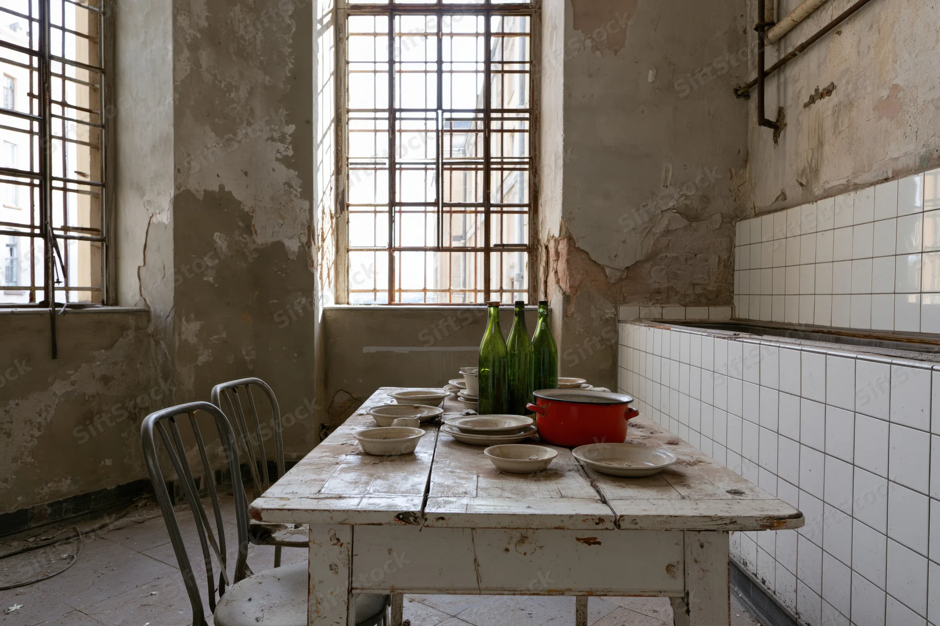 Abandoned institutional kitchen interior with peeling walls, metal chairs, and dishes on a worn table near barred windows
