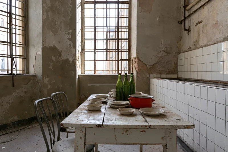 Abandoned institutional kitchen interior with peeling walls, metal chairs, and dishes on a worn table near barred windows