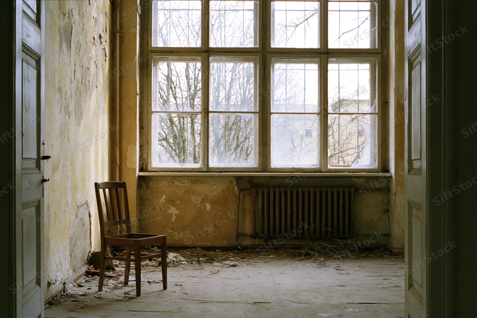 Abandoned room with a single wooden chair near a large window, peeling walls and debris on the floor