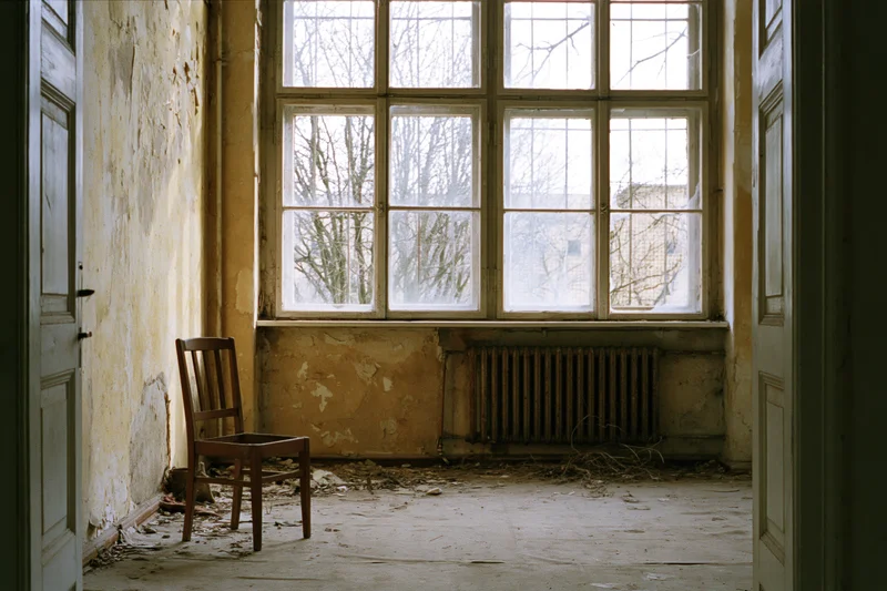 Abandoned room with a single wooden chair near a large window, peeling walls and debris on the floor