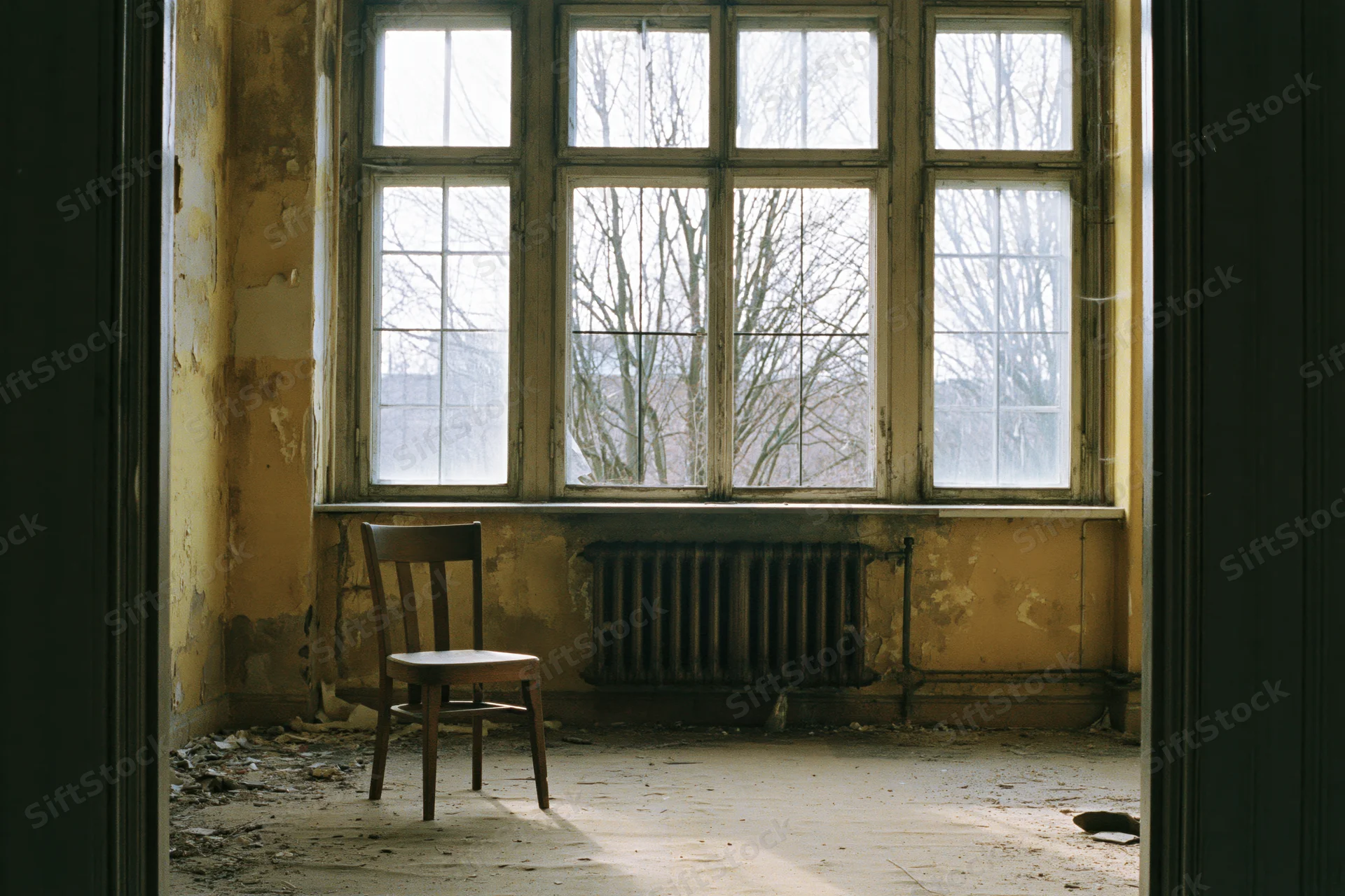 Single wooden chair in an abandoned room with peeling walls and a large window overlooking bare trees