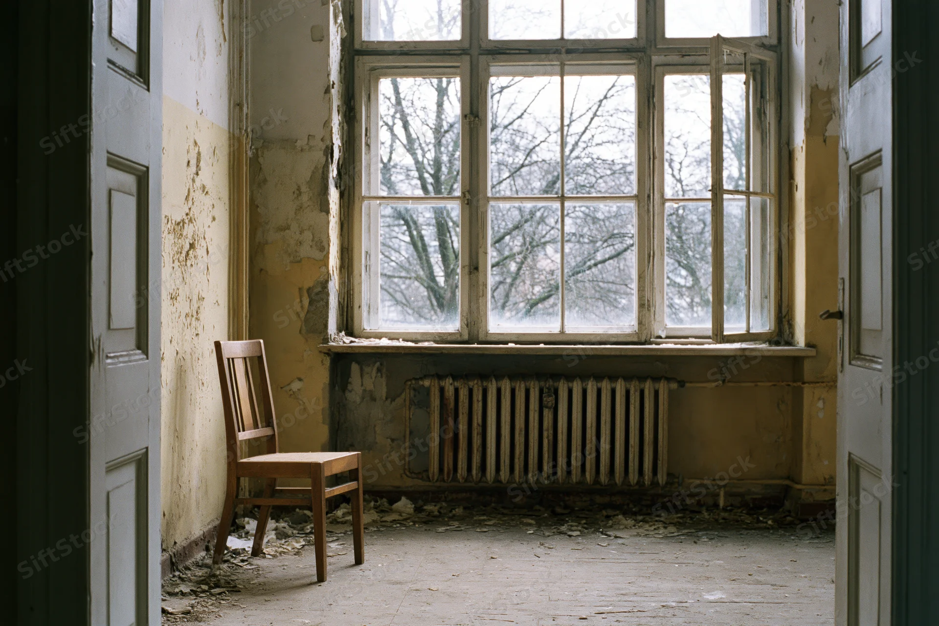 Single wooden chair in an abandoned room with peeling walls and a large window overlooking bare trees