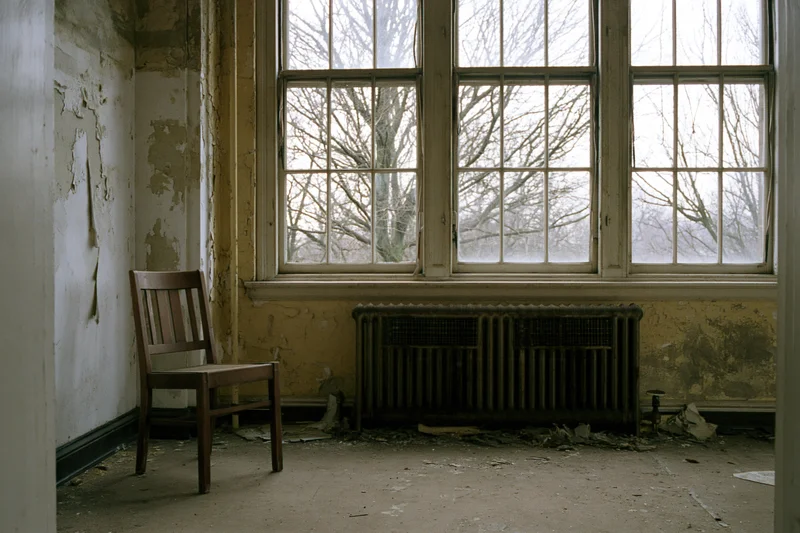 Single wooden chair in an abandoned room with peeling wallpaper and a large window overlooking bare trees