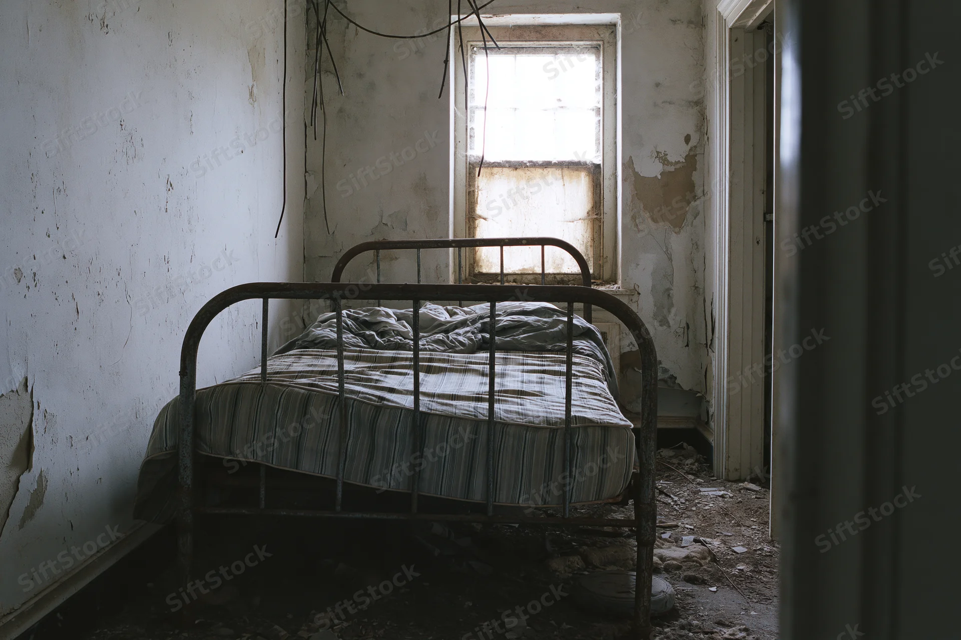 Abandoned iron bed frame with sagging striped mattress in a derelict bedroom with peeling walls and debris on the floor