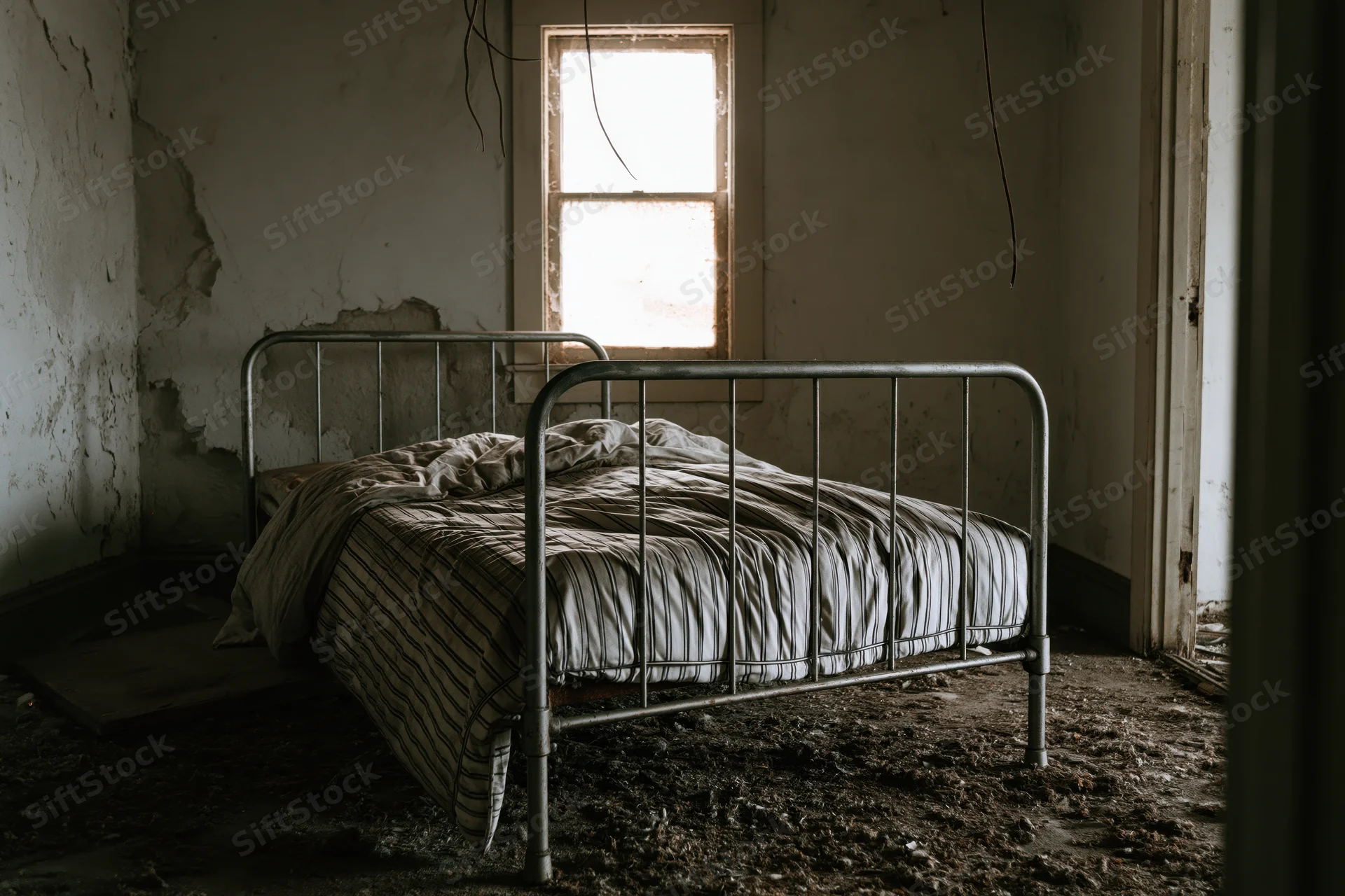 Abandoned iron bed frame with sagging striped mattress in a derelict room