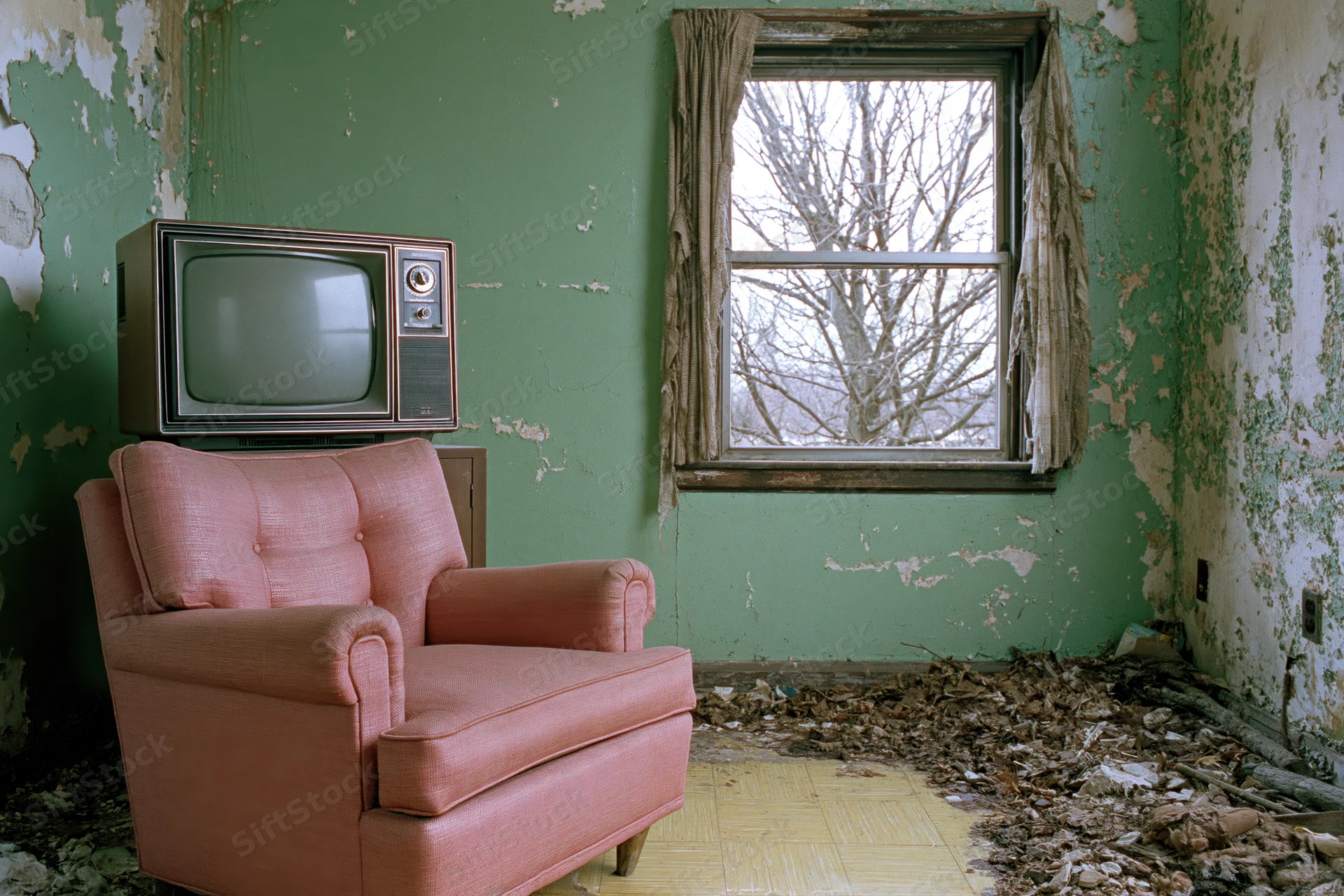Vintage television on a pink armchair in an abandoned living room with peeling green walls and debris on the floor