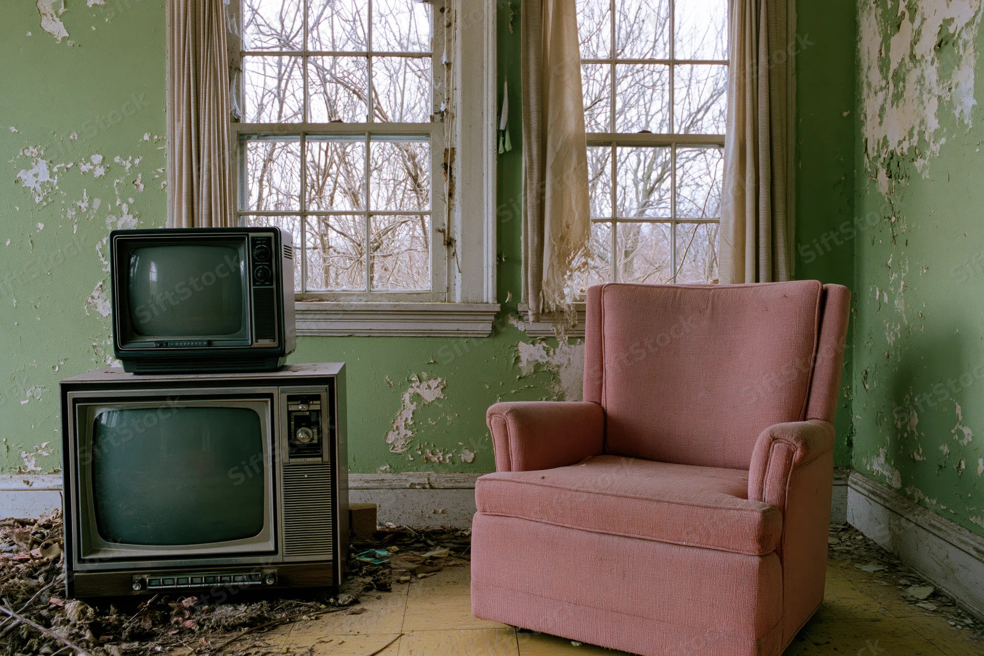 Abandoned living room with vintage 1970s console television and pink armchair, peeling green walls and debris on floor