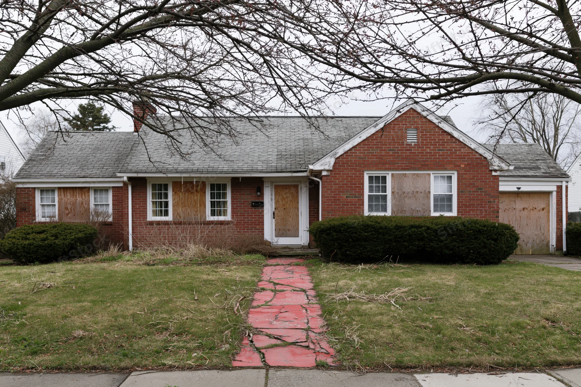 Abandoned brick cape cod house with plywood-boarded windows and door, front exterior view on overcast day