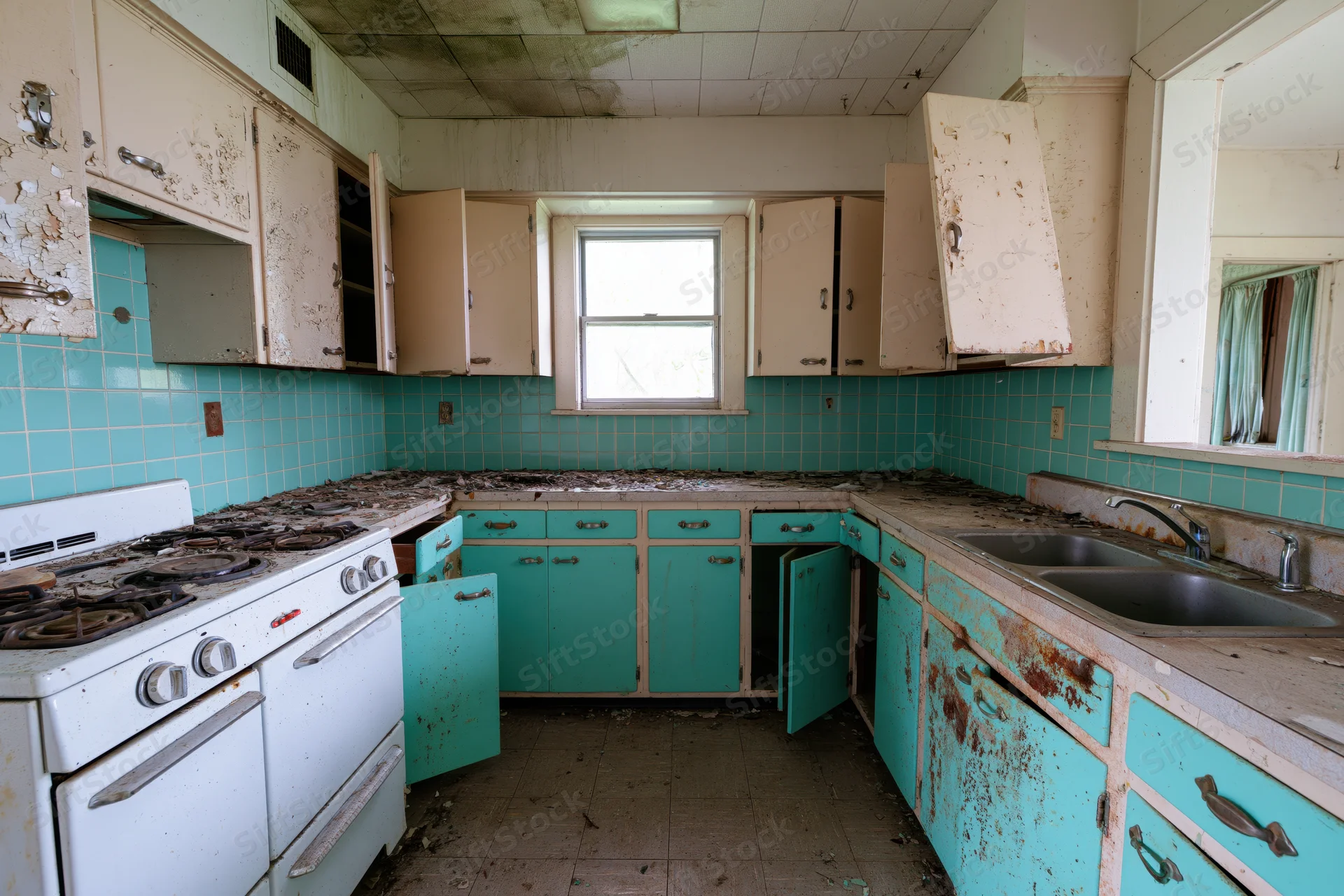 Abandoned midcentury kitchen with deteriorating cabinets and appliances showing decay and neglect
