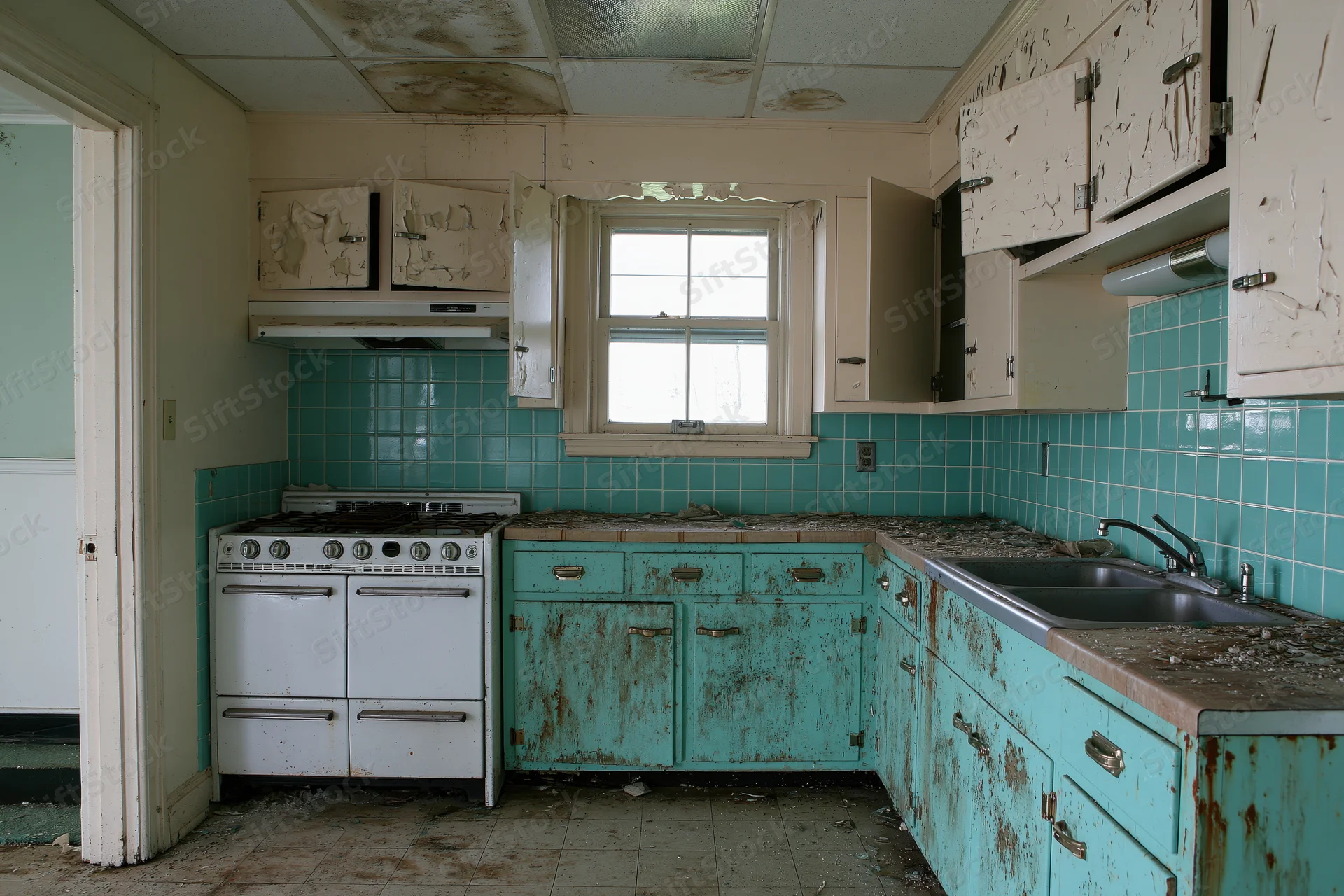 Abandoned midcentury kitchen with deteriorating cabinets and peeling paint