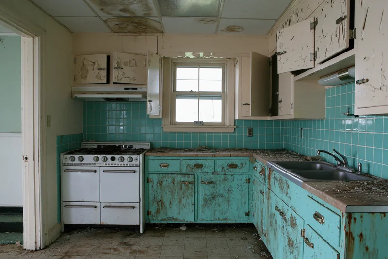 Abandoned midcentury kitchen with deteriorating cabinets and peeling paint