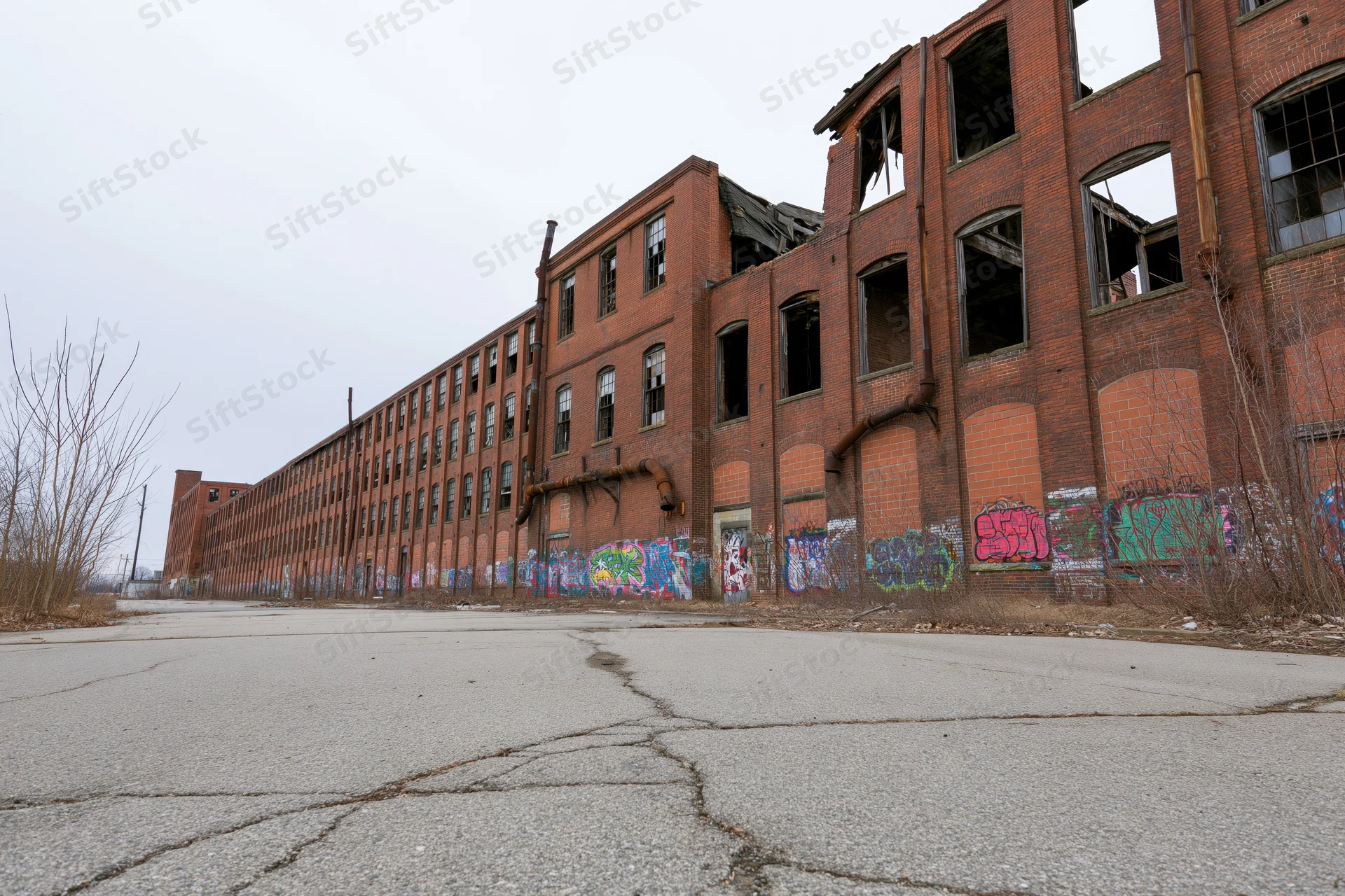 Long abandoned brick industrial factory complex with broken windows and graffiti on cracked pavement