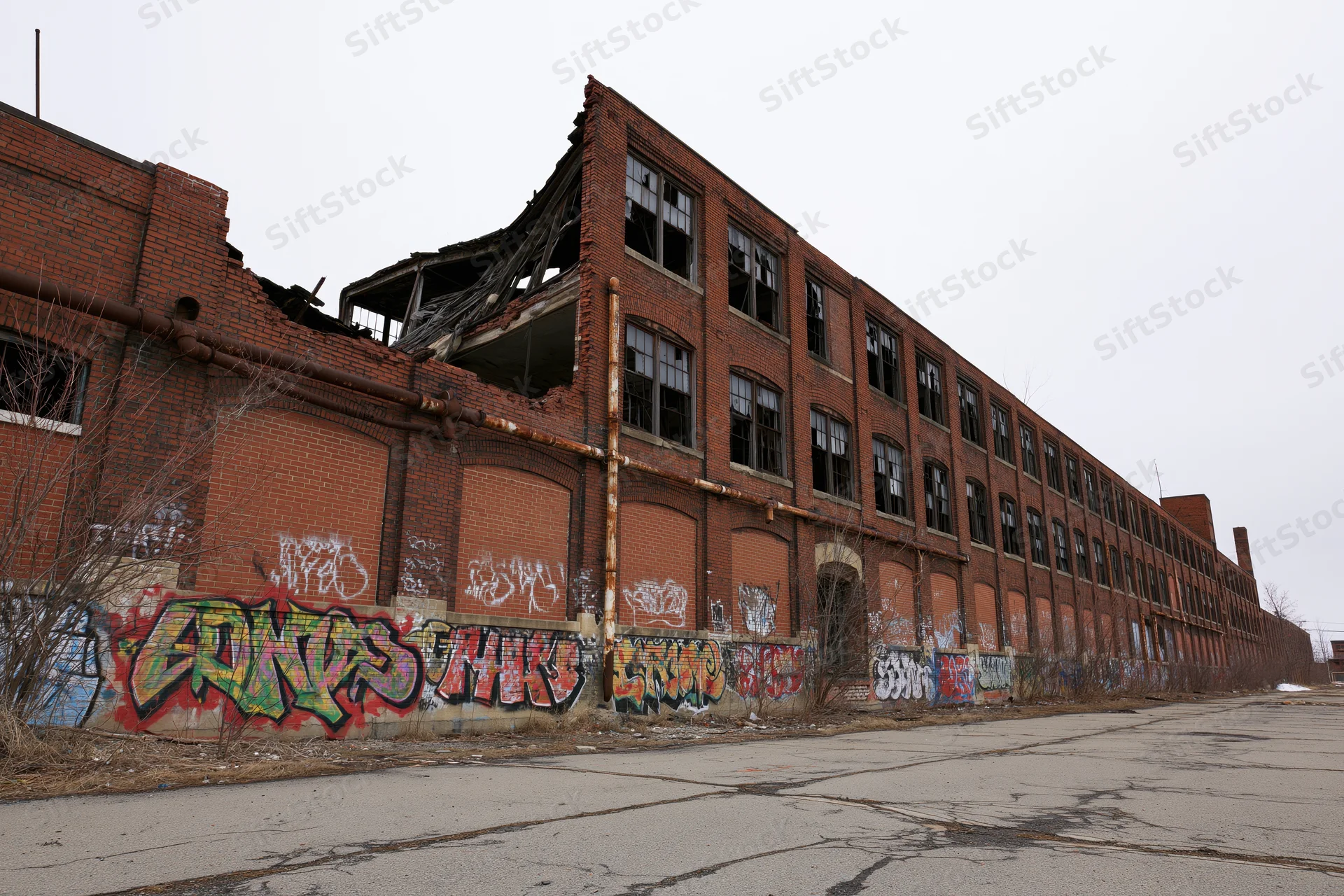 Long abandoned brick industrial factory with broken windows and graffiti along its exterior wall