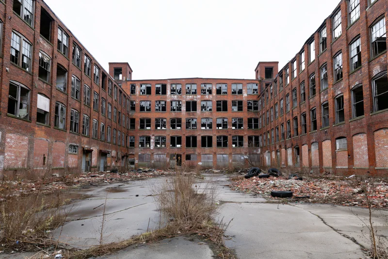Abandoned multi-story brick factory courtyard with broken windows and debris scattered across cracked concrete floor