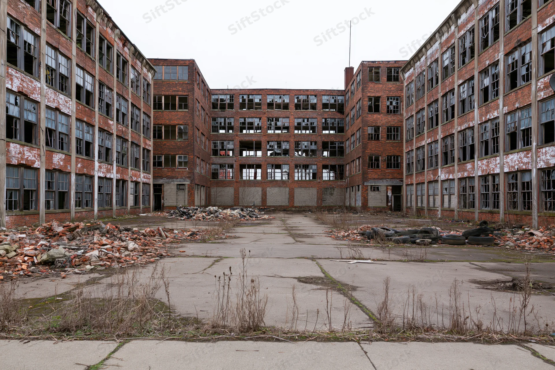 Abandoned industrial factory complex with crumbling brick buildings surrounding a debris-filled courtyard