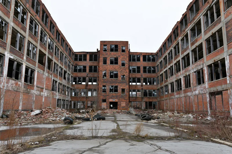 Abandoned industrial factory courtyard with broken windows and debris on cracked pavement