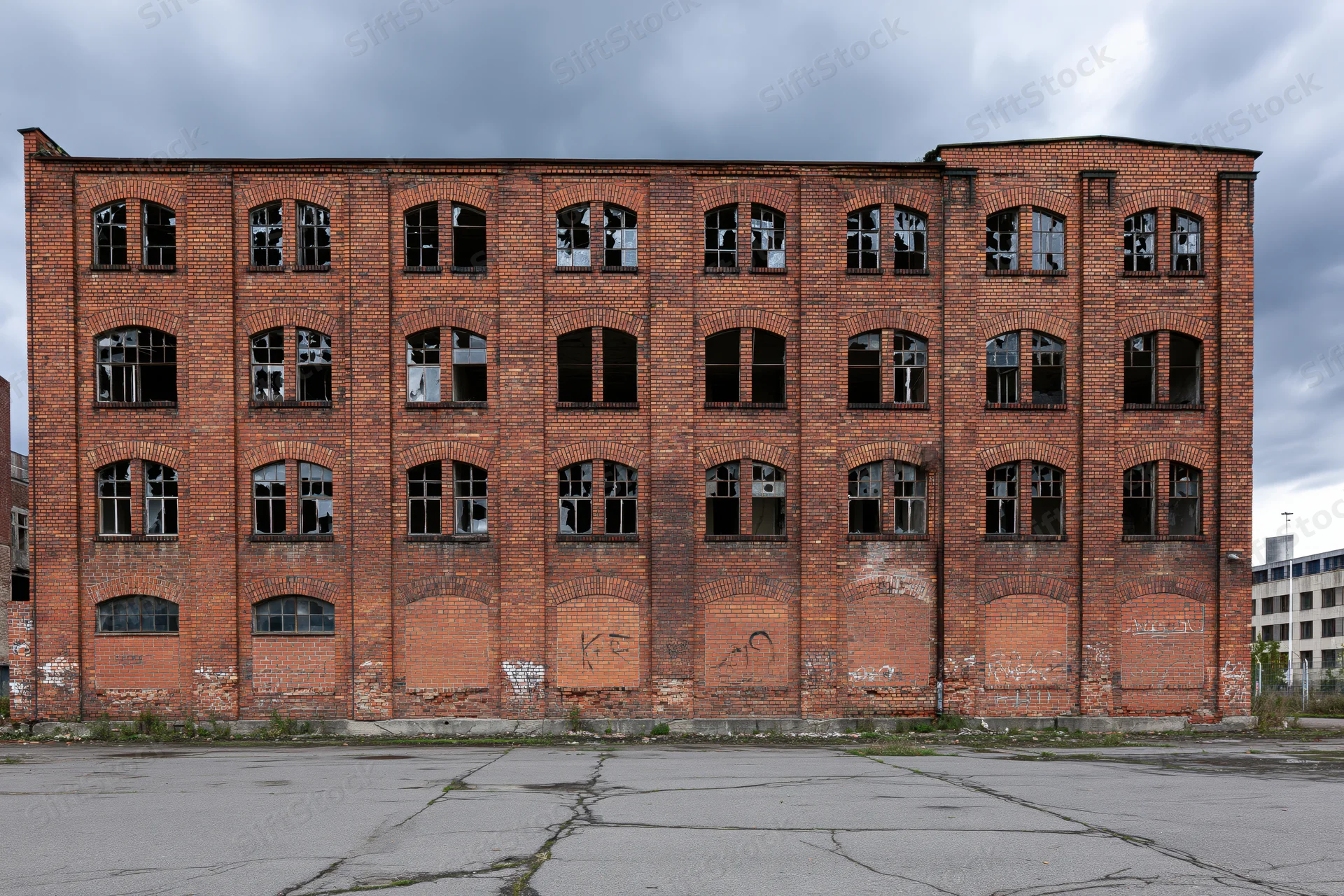 Abandoned red brick industrial factory building with broken windows and graffiti under overcast sky