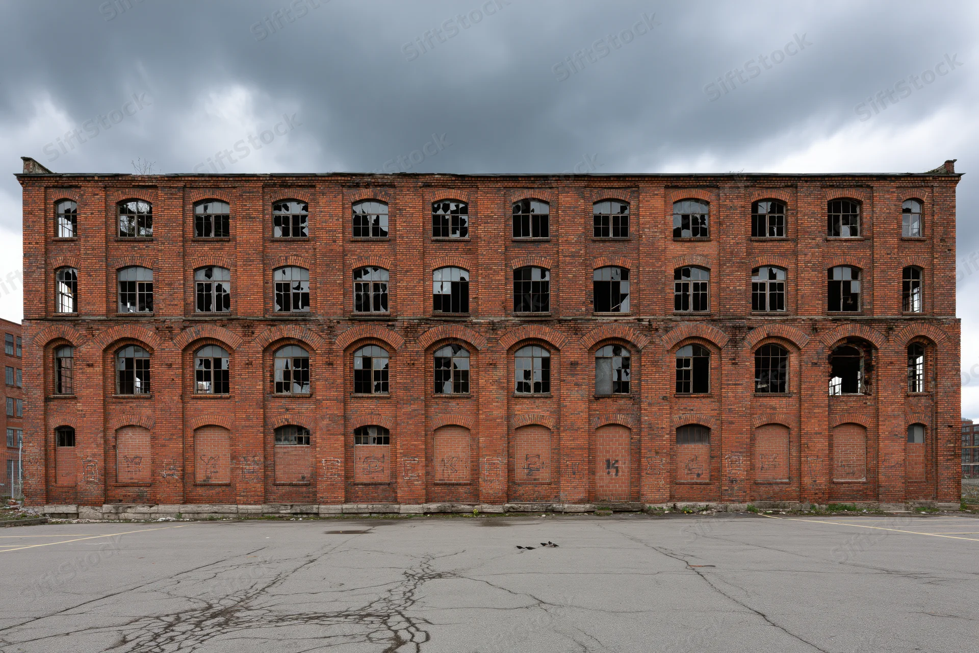 Abandoned red brick industrial factory building with broken windows and cracked pavement under overcast sky