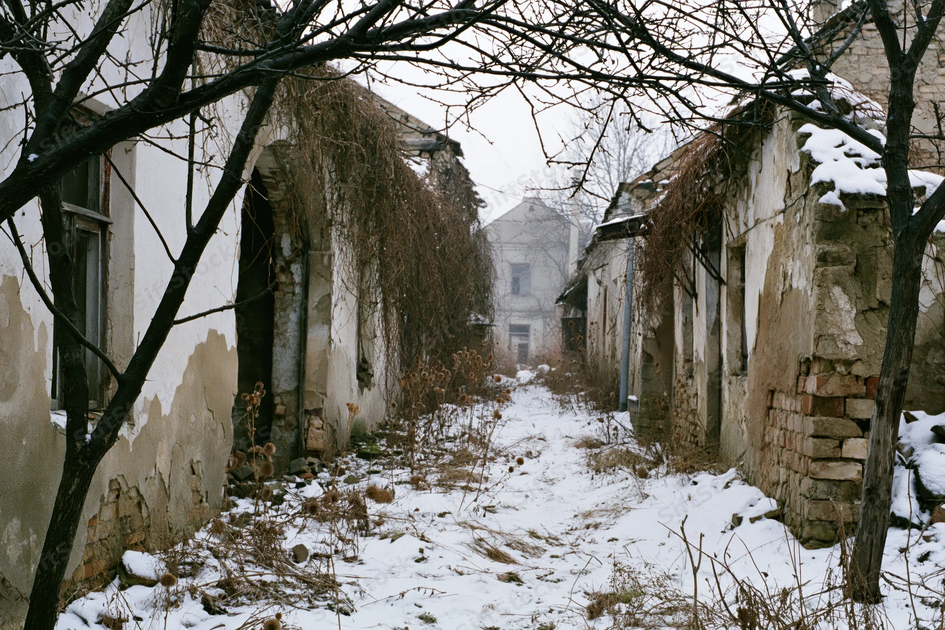 Narrow snow-covered lane between crumbling derelict buildings in abandoned village