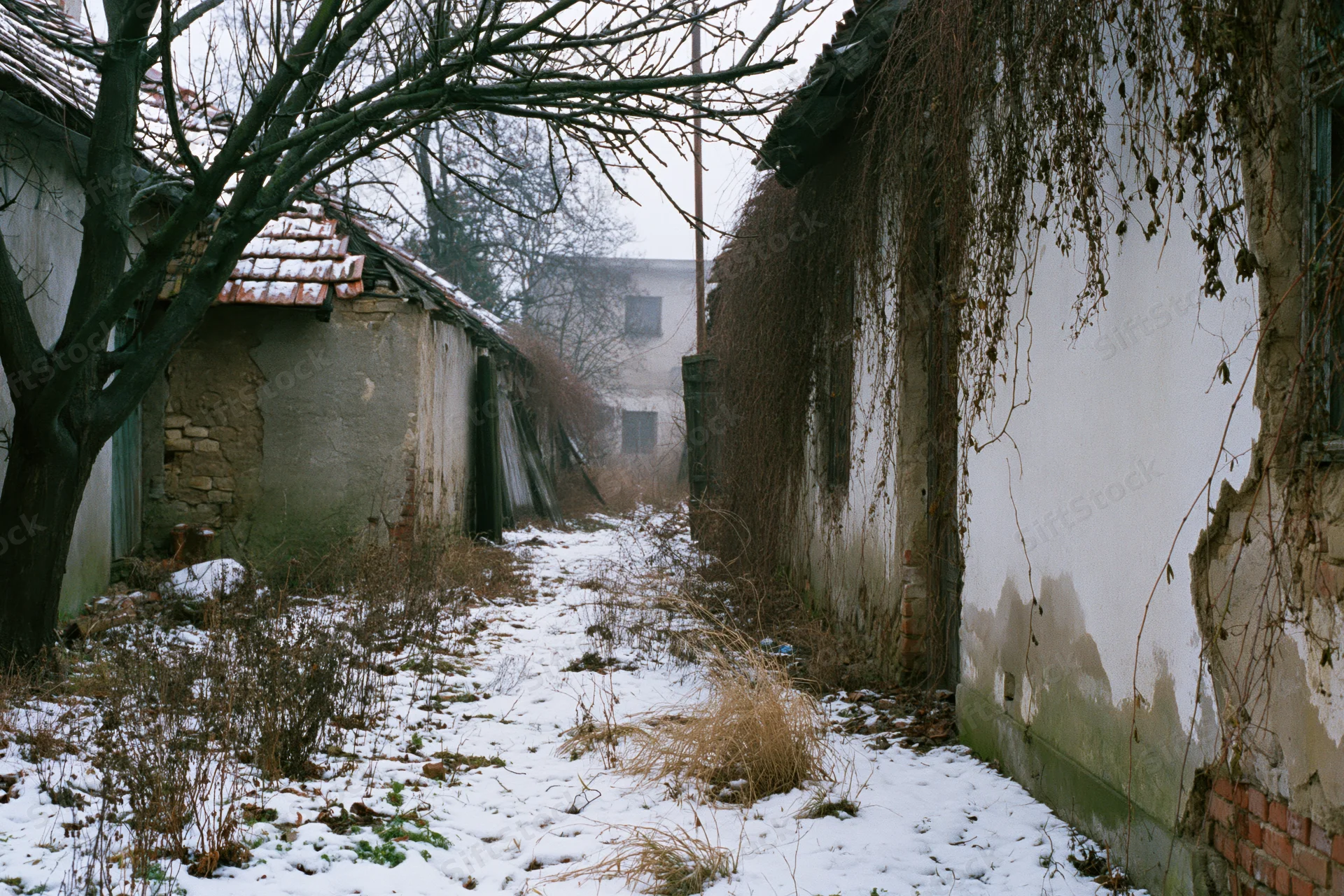 Narrow snow-covered alley between crumbling derelict buildings in a rural village