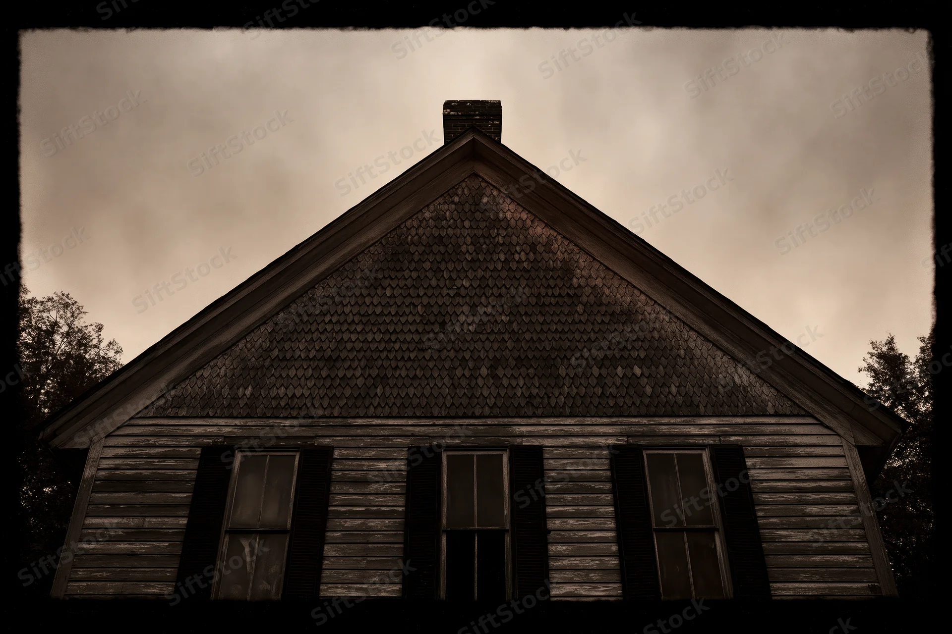 Abandoned wooden house with fishscale shingle gable and weathered siding under cloudy sky