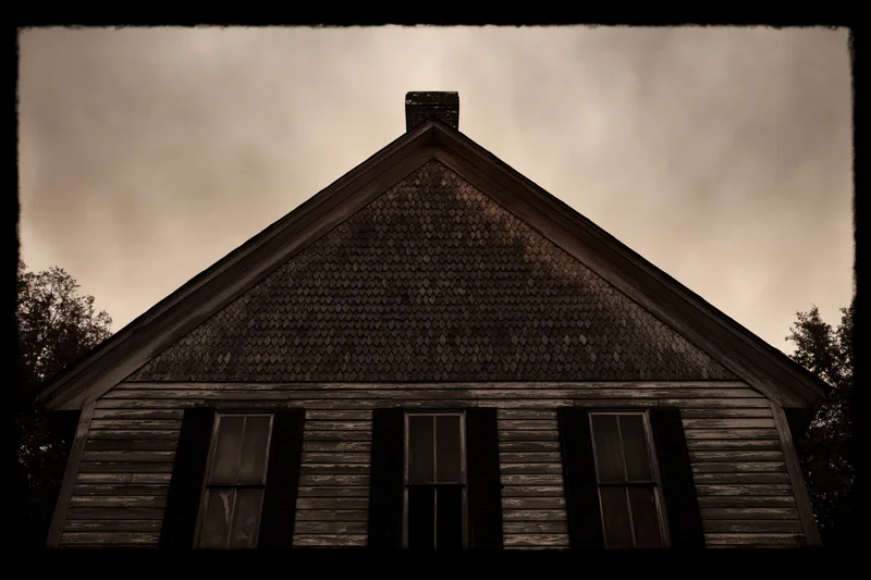 Abandoned wooden house with fishscale shingle gable and weathered siding under cloudy sky