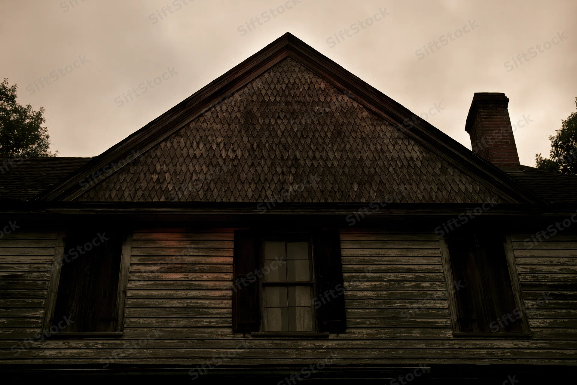 Abandoned wooden house with fishscale shingle gable and brick chimney under overcast sky