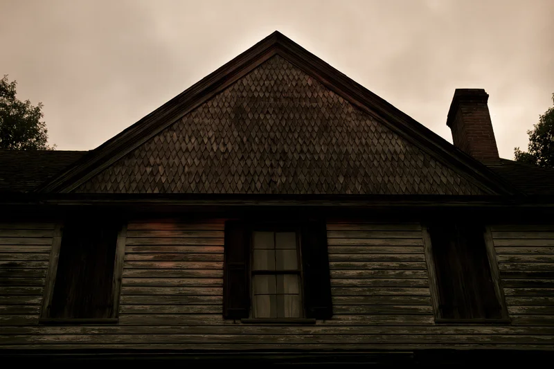 Abandoned wooden house with fishscale shingle gable and brick chimney under overcast sky