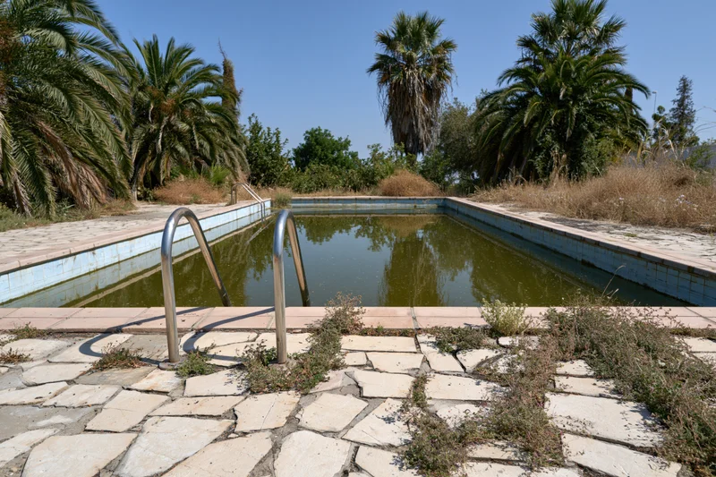 Abandoned outdoor swimming pool filled with murky water surrounded by overgrown vegetation and cracked stone patio under clear blue sky