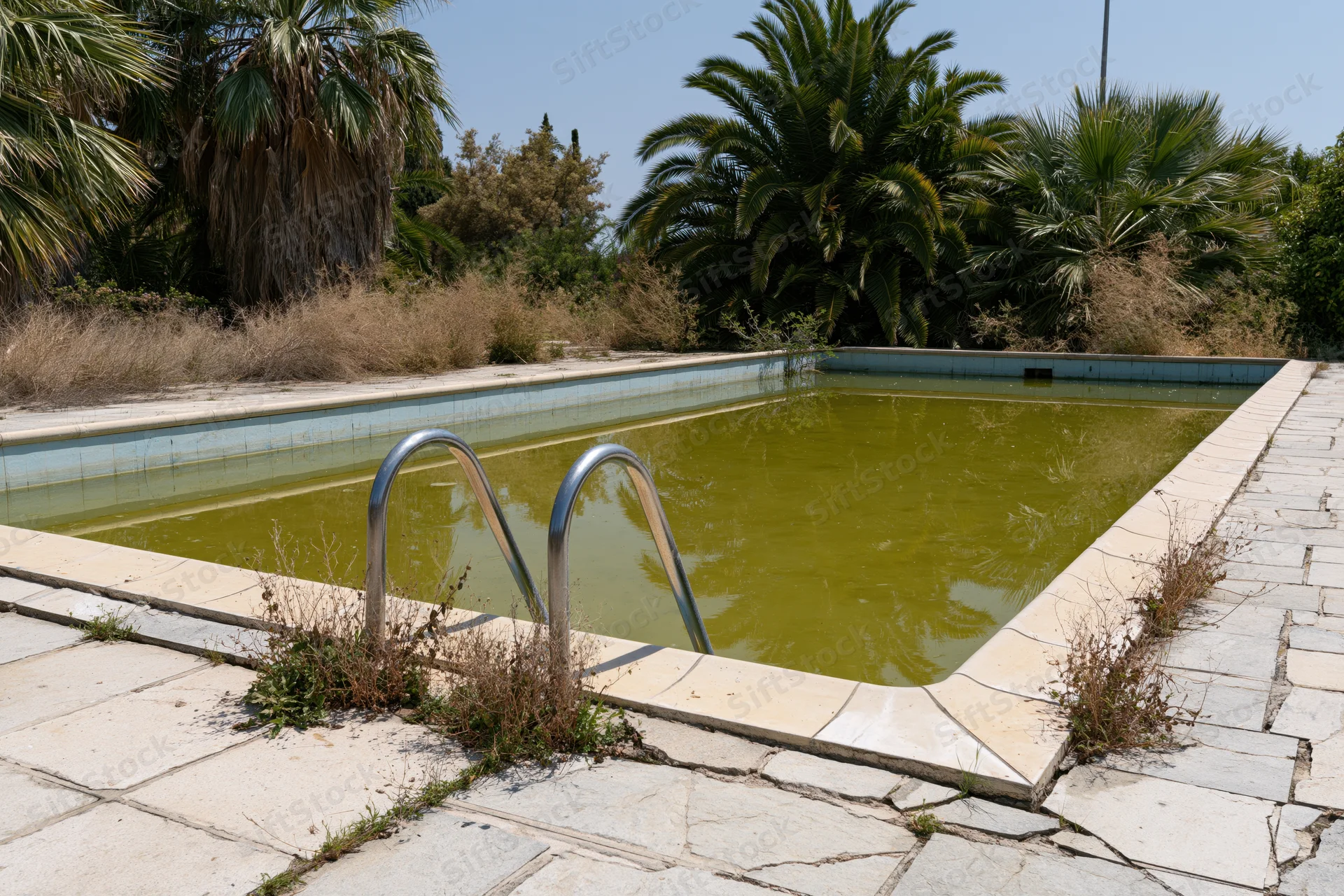Abandoned outdoor swimming pool filled with murky green water surrounded by overgrown vegetation and cracked stone tiles
