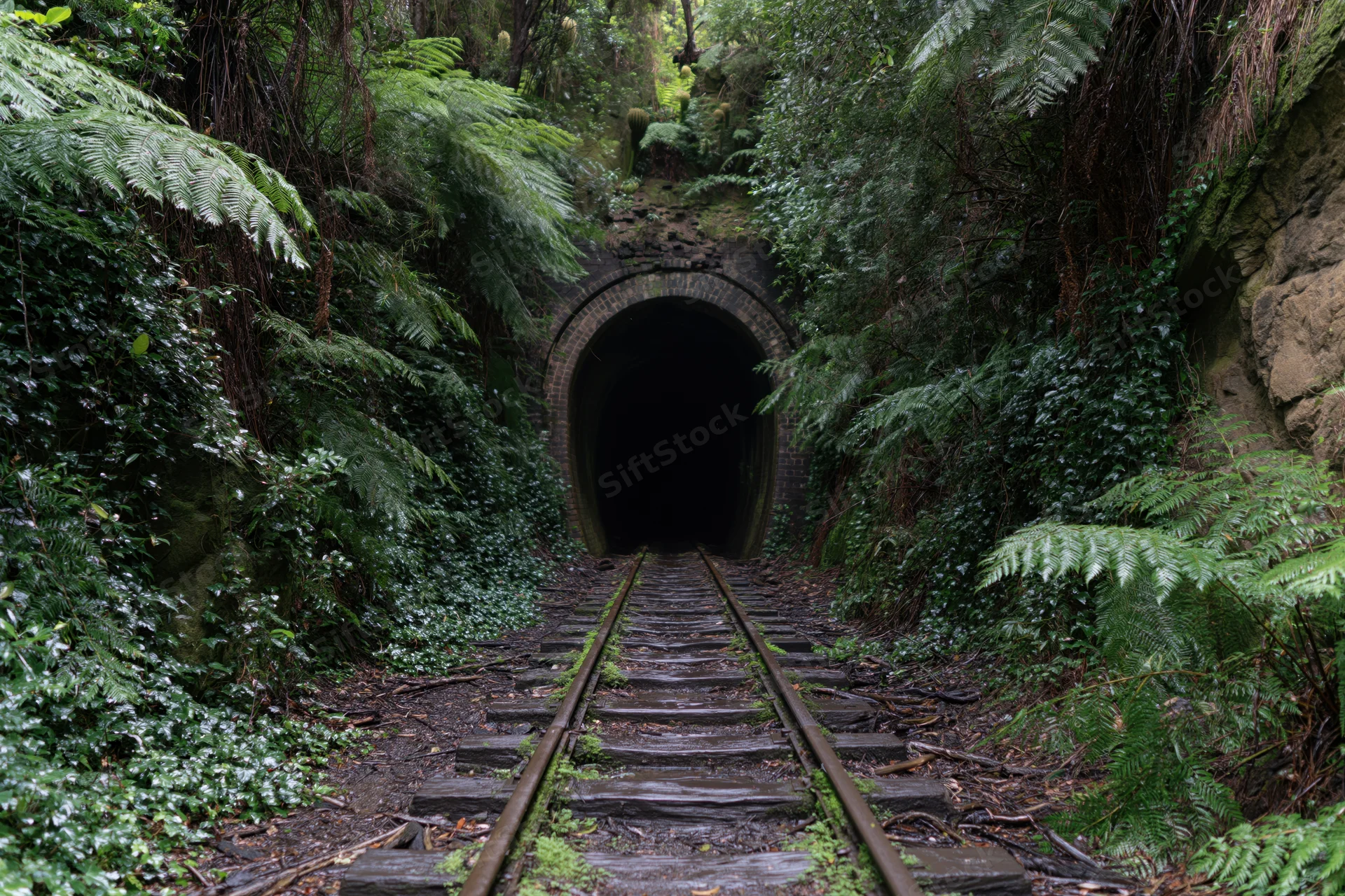 Abandoned railway tracks leading into a dark arched brick tunnel surrounded by dense green ferns and overgrown vegetation