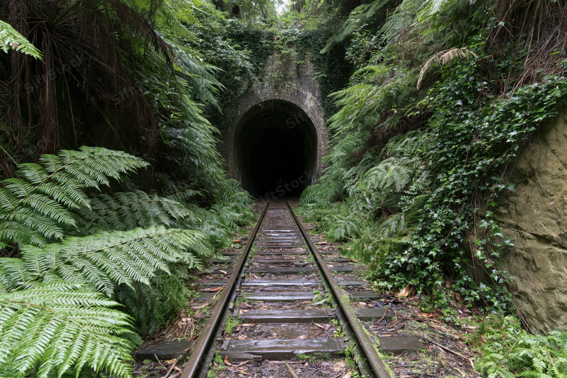 Abandoned railway tracks leading into a dark arched brick tunnel surrounded by dense green ferns and overgrown vegetation in a forest setting