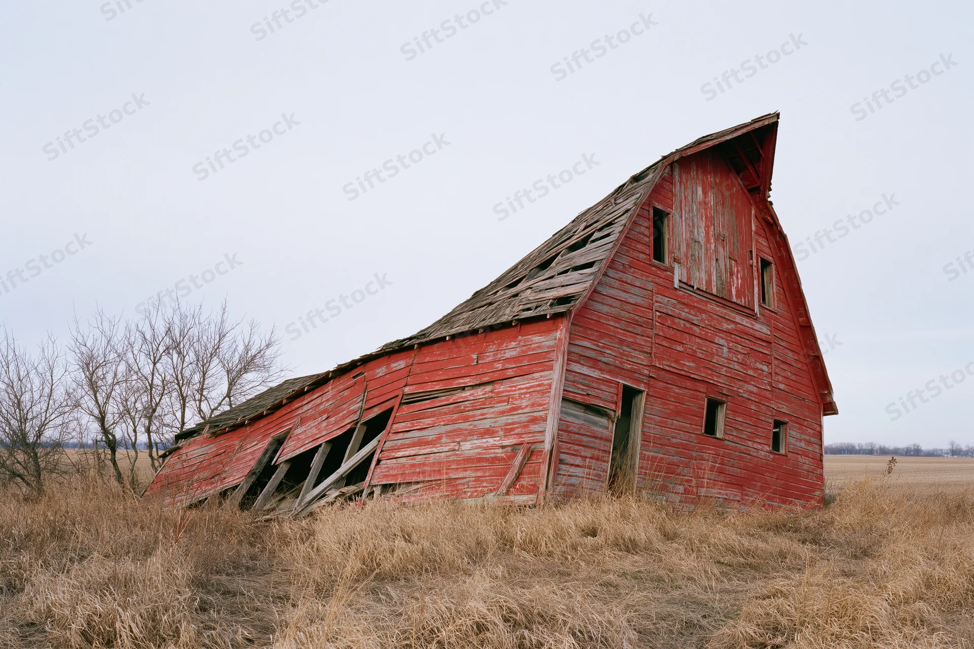 Red wooden barn collapsing to one side in a dry grassy field under overcast sky