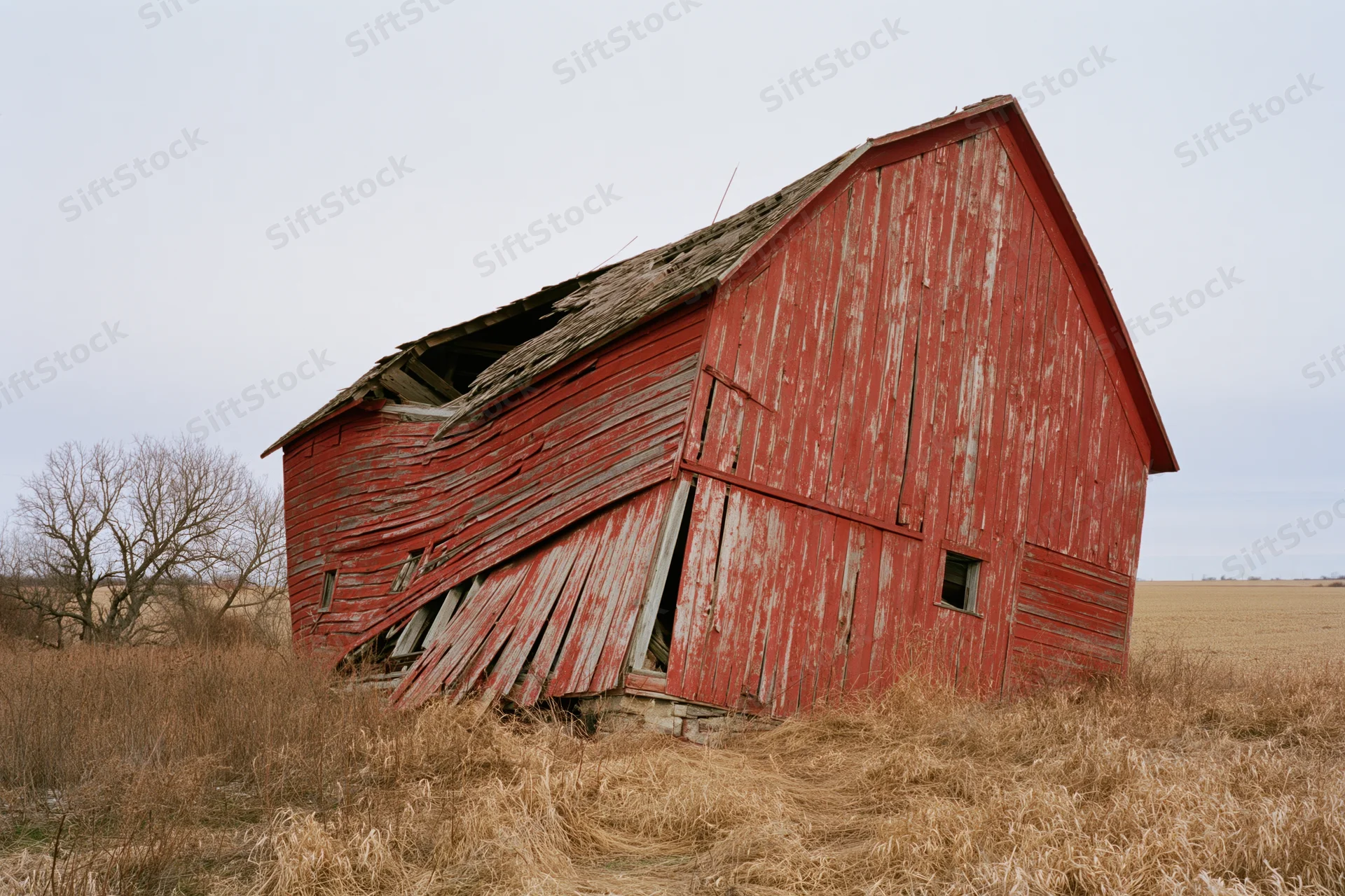 Red wooden barn collapsing to one side in a dry grassy field