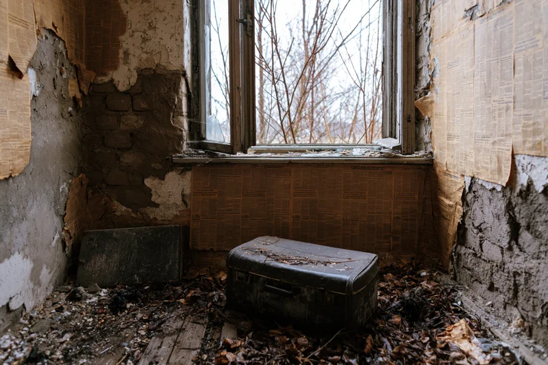 Abandoned room interior with crumbling walls papered with newspaper and a suitcase on debris-covered floor near a window