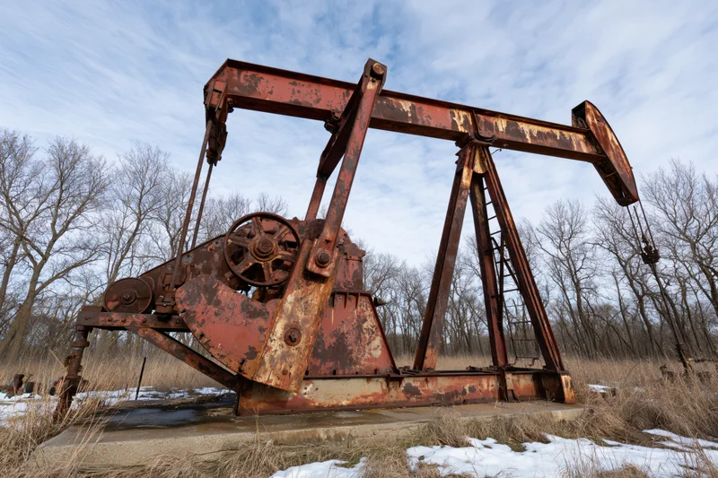 Abandoned rusty oil pump jack sitting idle on concrete platform in snowy field with bare trees