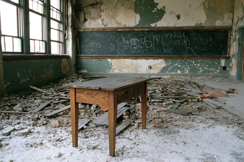 Wooden teacher's desk in abandoned classroom with graffiti-covered chalkboard and rubble on floor