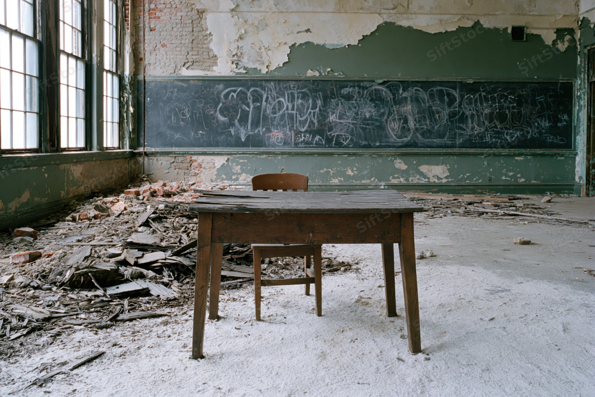 Abandoned school classroom interior with wooden teacher's desk and chair amid debris and graffiti-covered chalkboard