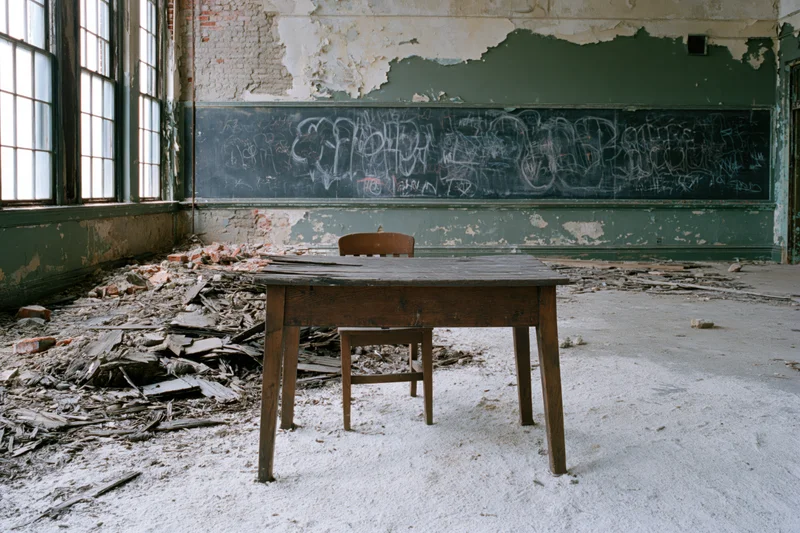 Abandoned school classroom interior with wooden teacher's desk and chair amid debris and graffiti-covered chalkboard
