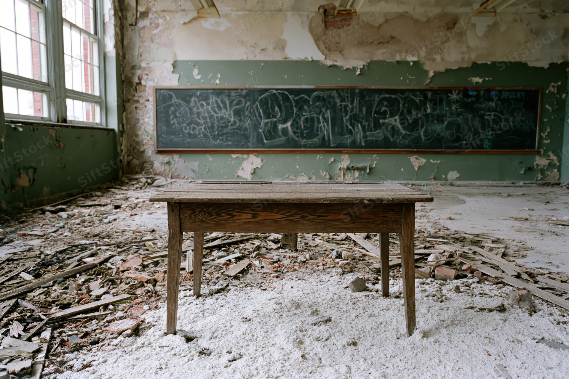 Wooden teacher's desk in center of abandoned classroom with graffiti-covered blackboard and debris on floor